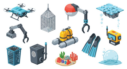 Isometric collection of ocean cleaning and underwater research equipment, including a drone, robotic arm, scuba gear, and water filtration system.