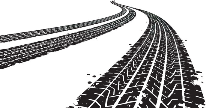 Tire tracks vector art 3, Dynamic perspective of vehicle tire tracks on a pristine white background, illustrating a journey's path and the imprint of motion