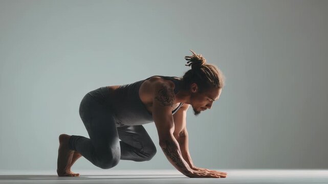 Athletic male yogi in fitted sportswear performs challenging balance posture on a smooth floor. Calm atmosphere and soft lighting highlight his mindfulness, control, and dedication to wellness