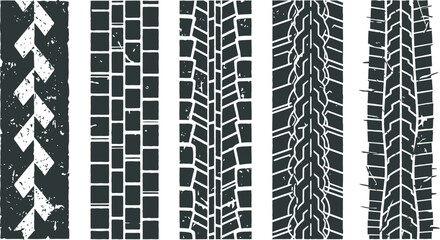 Tire tread strips prints four set , Diverse Grunge Tire Track Collection Textured Imprints from Various Wheels, Perfect for Off-Road or Automotive Design Backgrounds