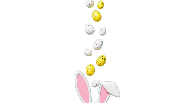 Easter bunny ears with falling speckled eggs on transparent background for spring celebration design