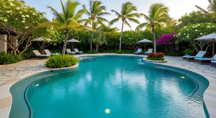 Luxurious Swimming Pool with Palm Trees Resort.