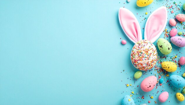 Bunny cookie with sprinkles and pastel eggs