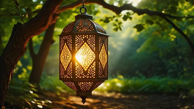 A glowing lantern hangs from a tree branch on a forest path, bathed in sunlight filtering through leaves