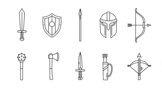 Collection of ancient warrior weapons and armor icons.