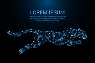 Dynamic low-poly vector illustration of a glowing polygonal cheetah in mid-leap, created with interconnected dots, lines, and a wireframe mesh. This artwork symbolizes speed, © shanto82s