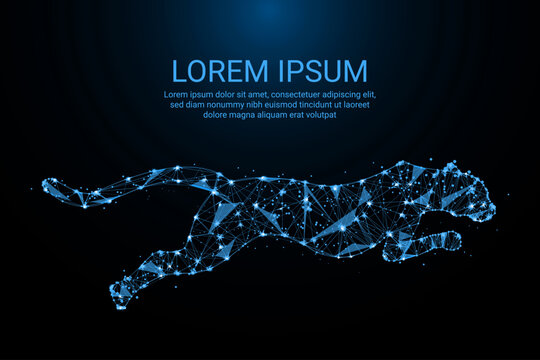 Dynamic low-poly vector illustration of a glowing polygonal cheetah in mid-leap, created with interconnected dots, lines, and a wireframe mesh. This artwork symbolizes speed,