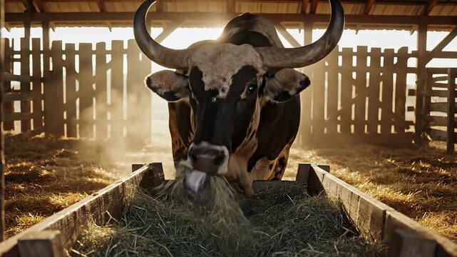Majestic bull with large horns eating hay in a rustic barn at sunrise