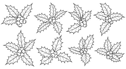 Black and white illustration of holly sprigs with berries arranged in a grid