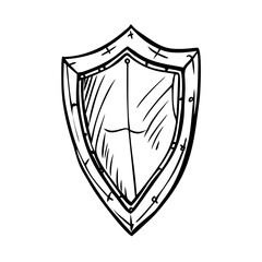 Hand-drawn shield sketch icon displays classic security symbol, textured vintage look. Old fashioned shield sketch illustrates detailed protection emblem, rough lines, subtle shading.