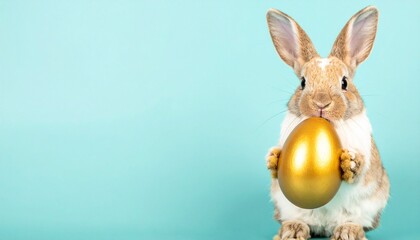 Light brown rabbit holding golden egg on blue background © Innovative