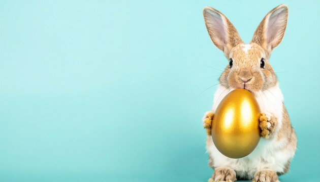 Light brown rabbit holding golden egg on blue background