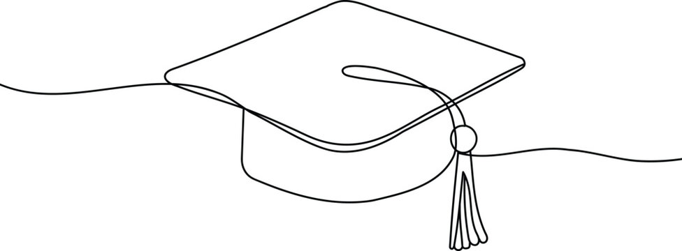 one line art graduation cap sketch, graduation cap one line illustration, hand drawn continuous sketch of student hat on white background 