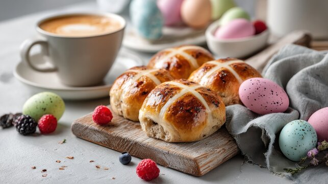 Easter brunch setup with hot cross buns, fresh berries, Easter eggs, and coffee on the table. Bright, airy scene, spring sunlight, festive atmosphere.