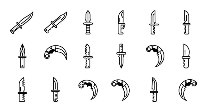 Collection of various black and white knife and blade outline icons arranged in a grid