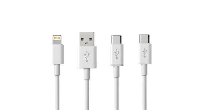 White mobile phone cables isolated on transparent background