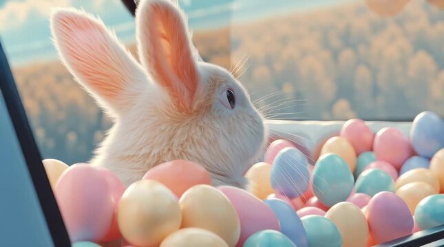 Cute white easter bunny peeking over pastel colored eggs in car