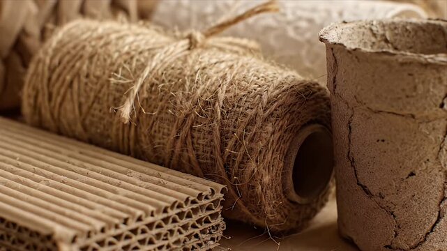 Cozy Natural Crafting Supplies Including Jute Twine Cardboard Sheets and Biodegradable Pots on a Textured Background