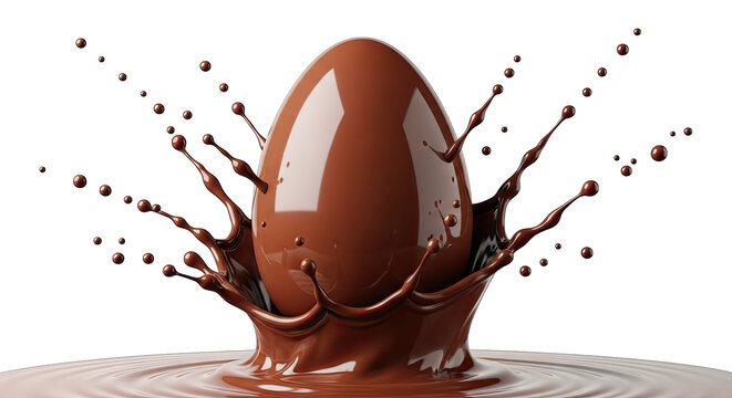 Glistening easter chocolate egg splashing into liquid cocoa pool on transparent background