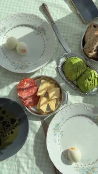 Morning meal scene. Sunny morning breakfast with hearty foods
