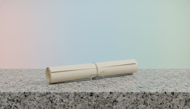 Rolled Document on Granite Surface Rolled Document Granite Surface Pastel Background Scroll Paper Certificate Education. Concept featuring rolled document, granite surface, pastel background, scrol...