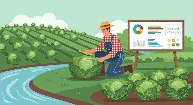 Farmer inspecting cabbage crop in a field with data analysis board.