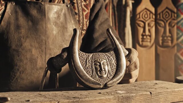 Artisan blowing dust from a detailed traditional metal sculpture on a rustic workbench, representing cultural heritage concept and meticulous craftsmanship