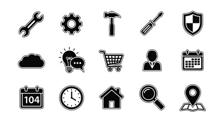 Fototapeta premium Collection of black tool and symbol icons in a simple silhouette