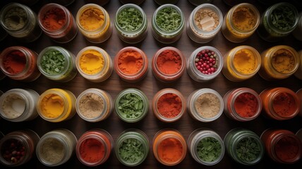 Colorful array of assorted spices and herbs in glass jars.