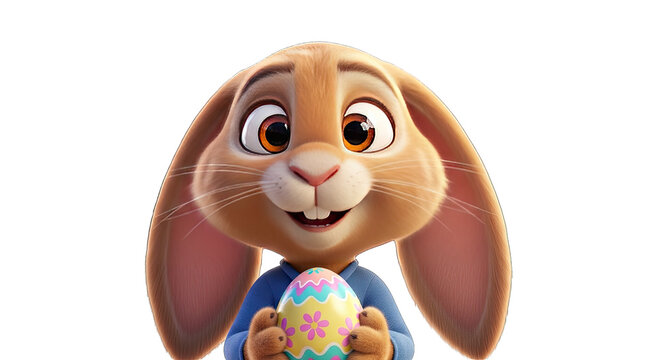 Cheerful animated rabbit holding colorful decorated easter egg on transparent background