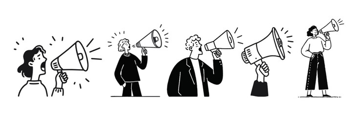Fototapeta premium Collection of hand drawn people using megaphones for announcement and communication doodle concepts