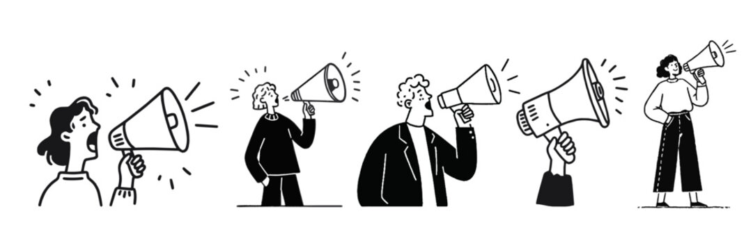 Collection of hand drawn people using megaphones for announcement and communication doodle concepts