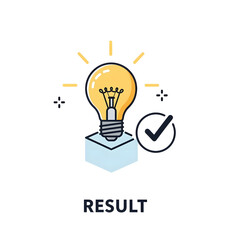 Creative idea lightbulb with checkmark success icon on blue platform. Result and achievement concept illustration with glowing yellow bulb and approval symbol