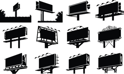 Empty Billboard Frame Silhouette Icon Vector Advertising Billboard Typography Silhouette Set
