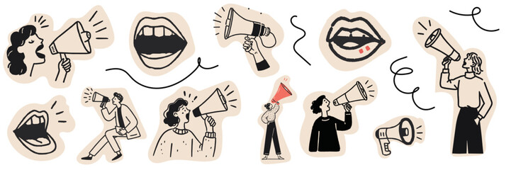 Collection of hand drawn people using megaphones for announcement and communication doodle concepts © ink drop