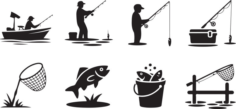 Collection of black silhouette fishing icons illustrating different methods like boat fishing and catching fish