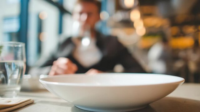 A closeup of a clean, empty plate on a table in a trendy restaurant, with a glass of water and a blurred male figure in the background. The scene suggests waiting for food and contemporary lifestyle