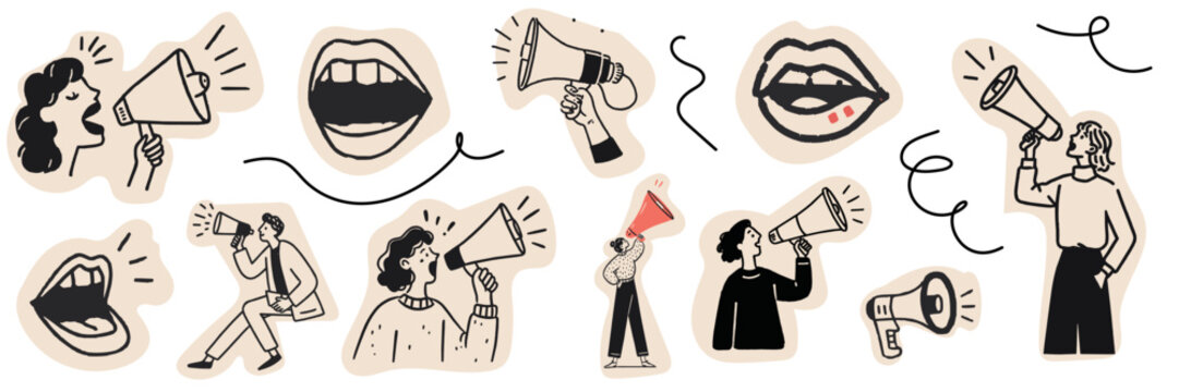 Collection of hand drawn people using megaphones for announcement and communication doodle concepts
