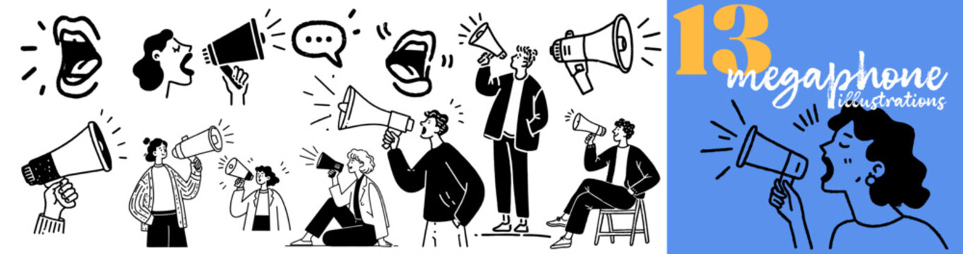 Collection of hand drawn people using megaphones for announcement and communication doodle concepts