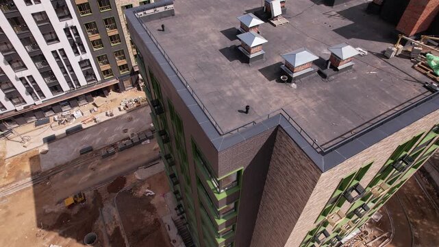 Aerial descent near modern apartment building in Moscow region