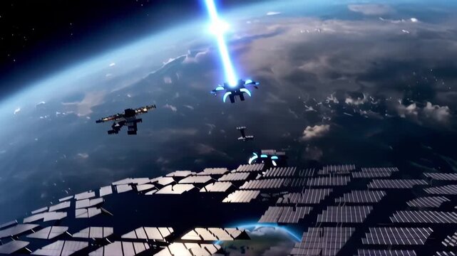 Futuristic space station firing a powerful energy beam, revealing an orbital solar panel array and planet earth, representing advanced technology and renewable energy