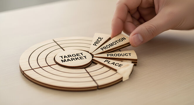 Hand placing a wooden piece labeled promotion into a marketing mix puzzle with target market at the center