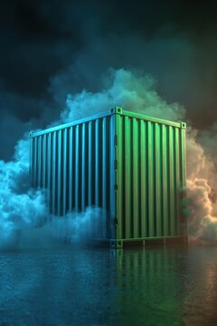 Futuristic cargo container with blue and green lighting surrounded by smoky clouds