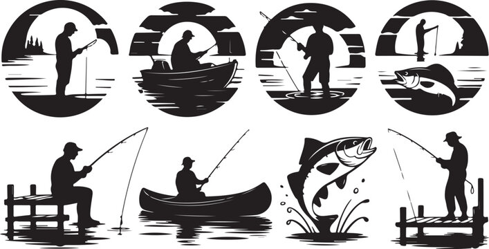 Diverse fishing scenes illustrated with black silhouette icons showing anglers in different settings
