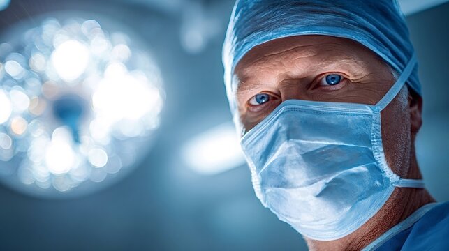 Mature male surgeon in mask and scrub cap looks directly at camera under bright, blurred surgical lights, conveying focused professionalism, expertise and sterile operating room care