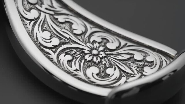 Close-up macro shot of intricate hand-engraved floral patterns on polished silver metal for luxury craftsmanship concept and artistic heritage design