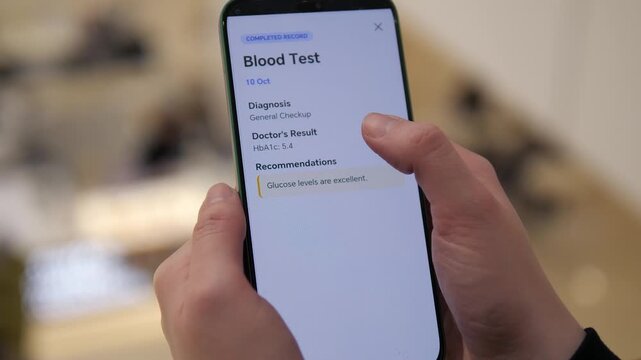 Modern healthcare app on smartphone in hands. User browsing medical history, opening blood test and dentist results with recommendations. Concept of digital health, telemedicine, online records and