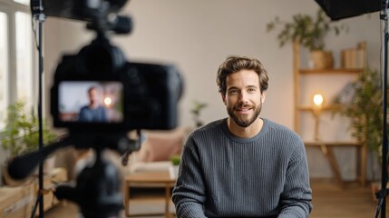 Obraz premium Man recording video in minimalist studio with camera and soft lighting