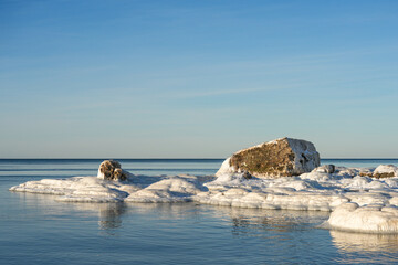 Icy Baltic Sea Coast with Frozen Fortification Ruins in Liepaja Latvia