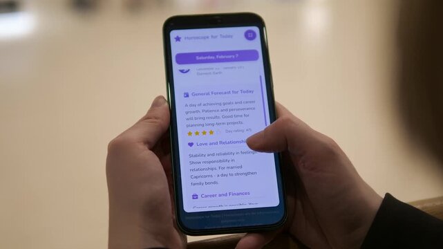 Hands scrolling horoscope app, opening zodiac profile and exploring love, career and health predictions. Modern esoteric lifestyle and mindfulness theme. Ideal for astrology startups, personal growth